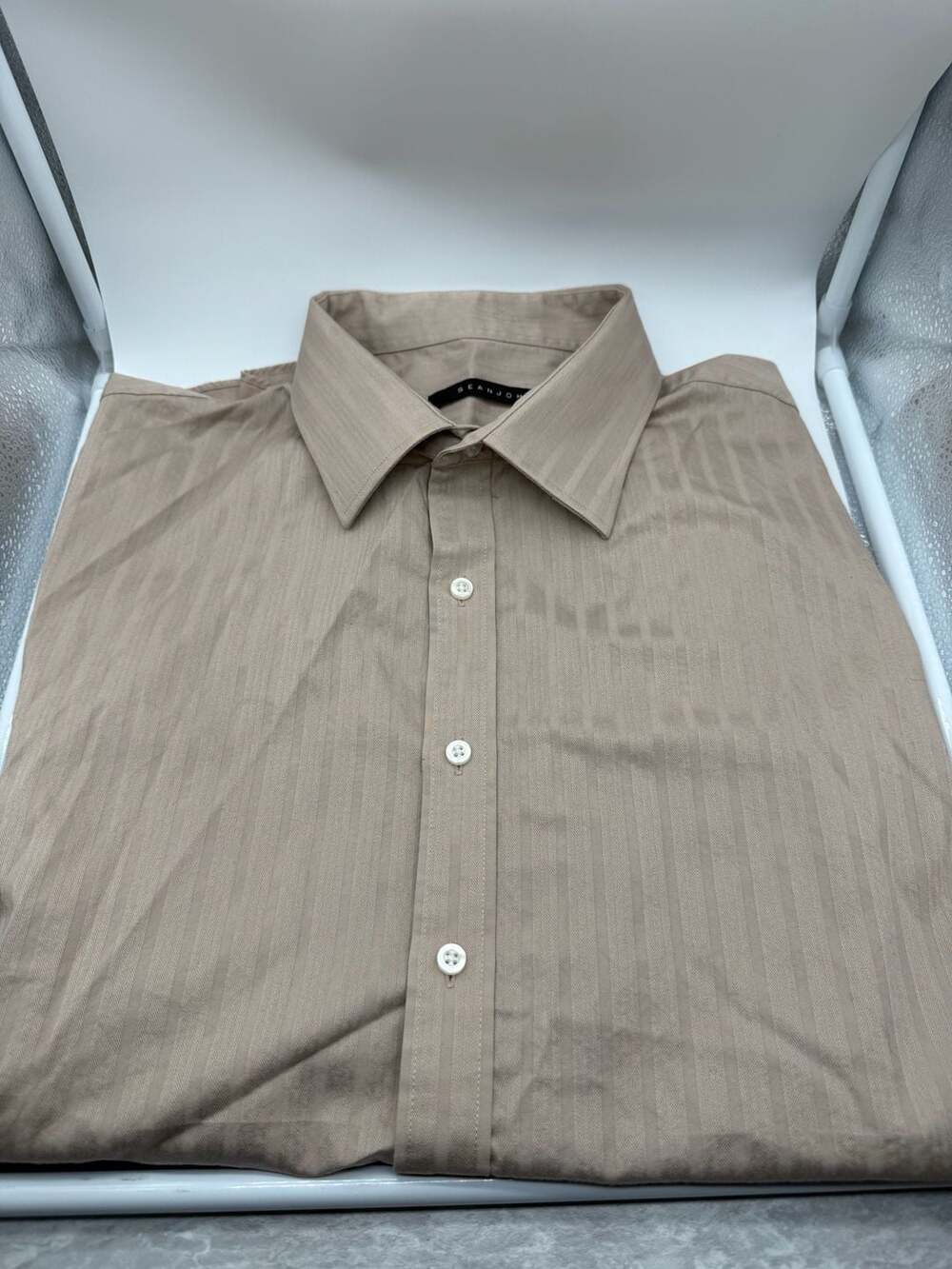 Sean John Men's Button-Down Dress Shirt Beige Chevron Stripe Regular Fit 17 1/2